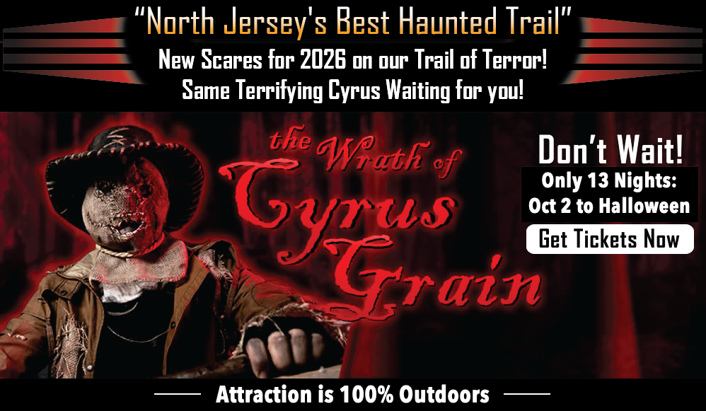 Pantophobia's 2026 haunted trail, The Wrath of Cyrus Grain: burlap-masked scarecrow in a wide-brimmed hat. Only 13 nights, October 2 to Halloween. Get tickets now
